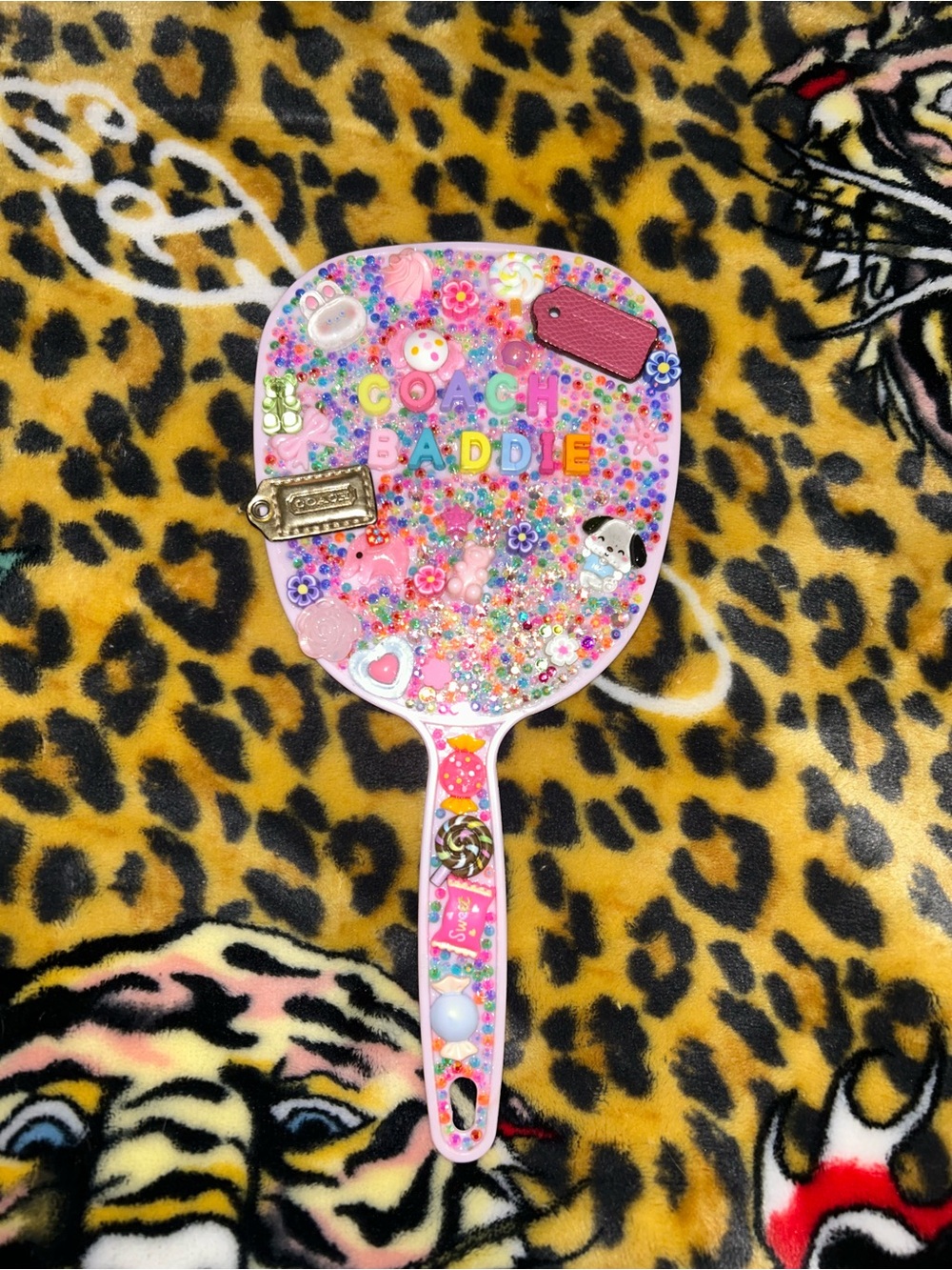 Coach Paddie Pink Sequin Hand Mirror with Multicolor Charms